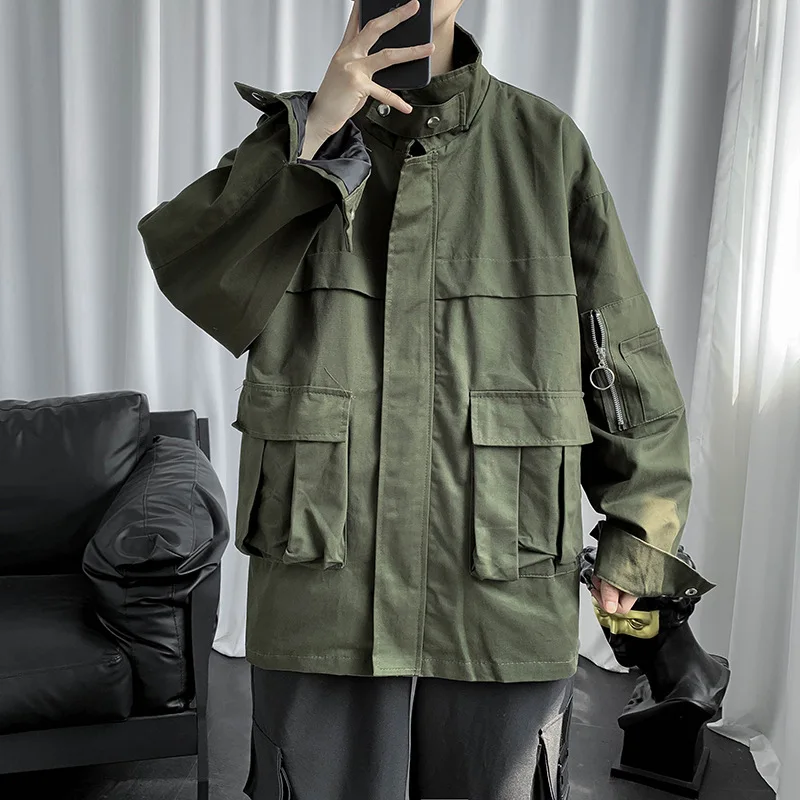 

Spring Autumn Korean Trendy Men's Jacket Cargo Coat Multi Pockets Male Windbreaker Pop Streetwear Casual Loose Jackets for Men