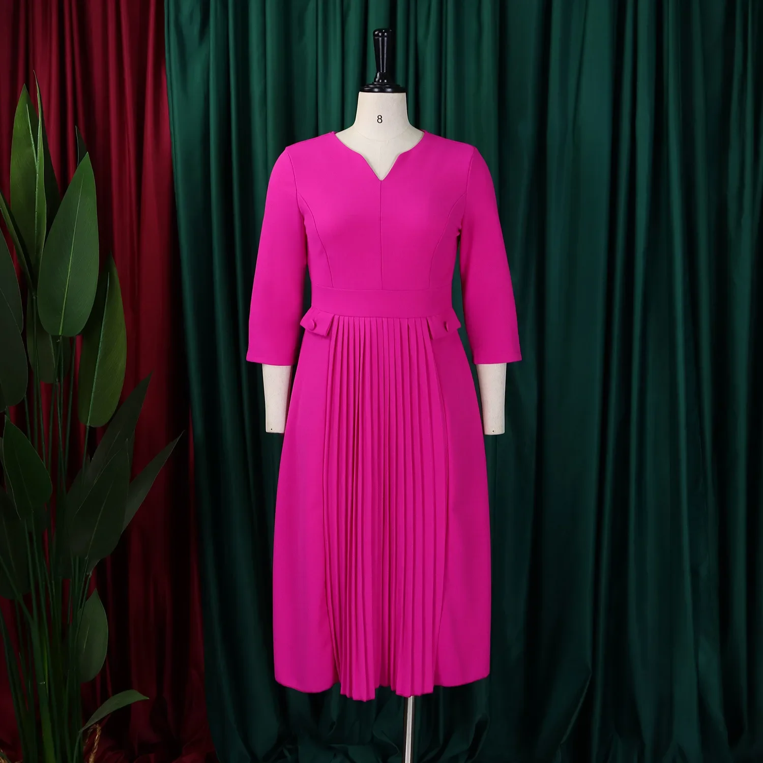 Plus Size Spring Autumn New Solid Color Matching V-Neck 3/4 Sleeves Fashion Commuting Slim Fit Midi Length Elegant Style Dress