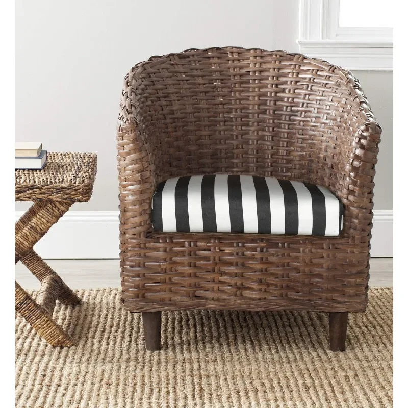 Honey Barrel Chair Rieten maakt stevige stoelen met accenten, perfect voor tuinen, bruin/zwart wit kussen, comfortabel en duurzaam