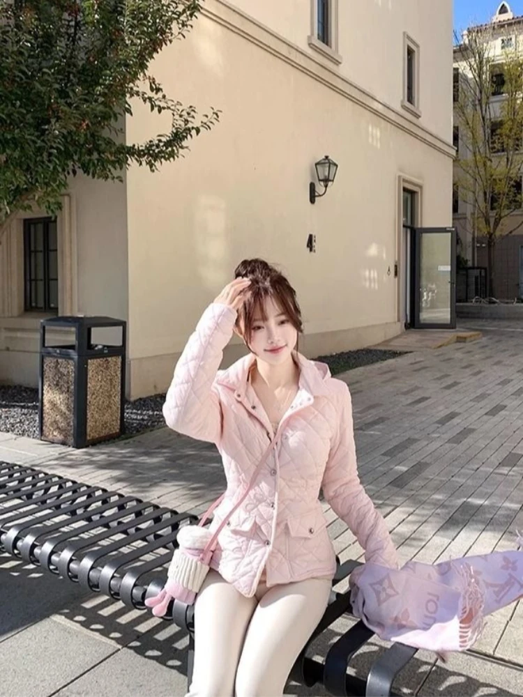 Autumn and winter sweet and cute style spicy girl short style slim fit diamond grid cotton jacket casual commuting women's top