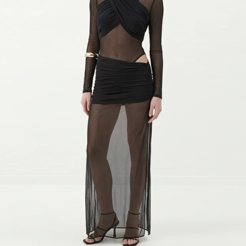 Trendix Women's High Waist Long Skirt Sheer Mesh Wrinkle Slim Slit Solid See Through Maxi Skirt 2026 Summer New Party Club Skirt