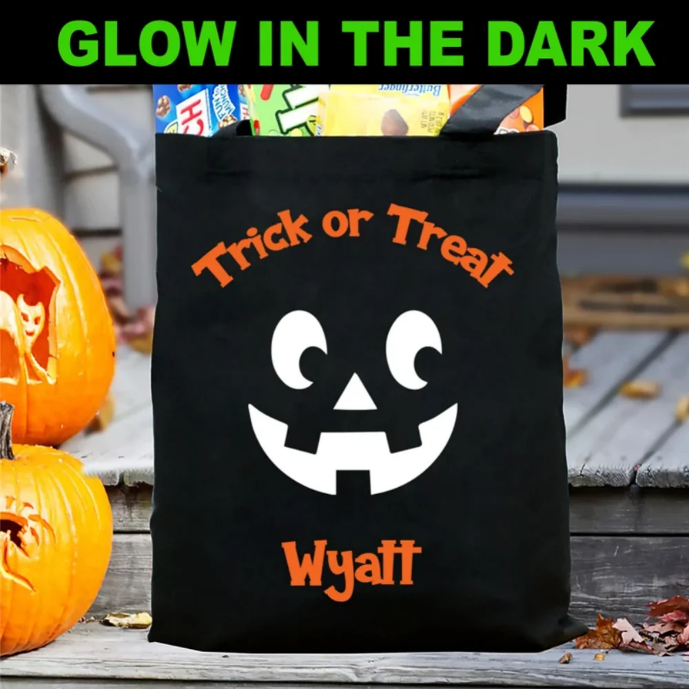 حقيبة خدعة أو علاج، تتوهج في الظلام، حقائب الهالوين المخصصة، الفتيات والفتيان، إضافة اسمك، وجه اليقطين اللطيف - هدايا مصنوعة حسب الطلب #3