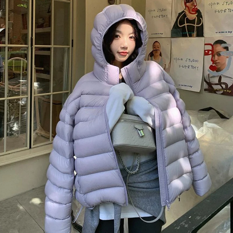 Lightweight Solid Color Down Cotton Parkas Women Korean Zipper Up Hooded Crop Parkas Woman Casual Thicken Warm Cotton Jackets