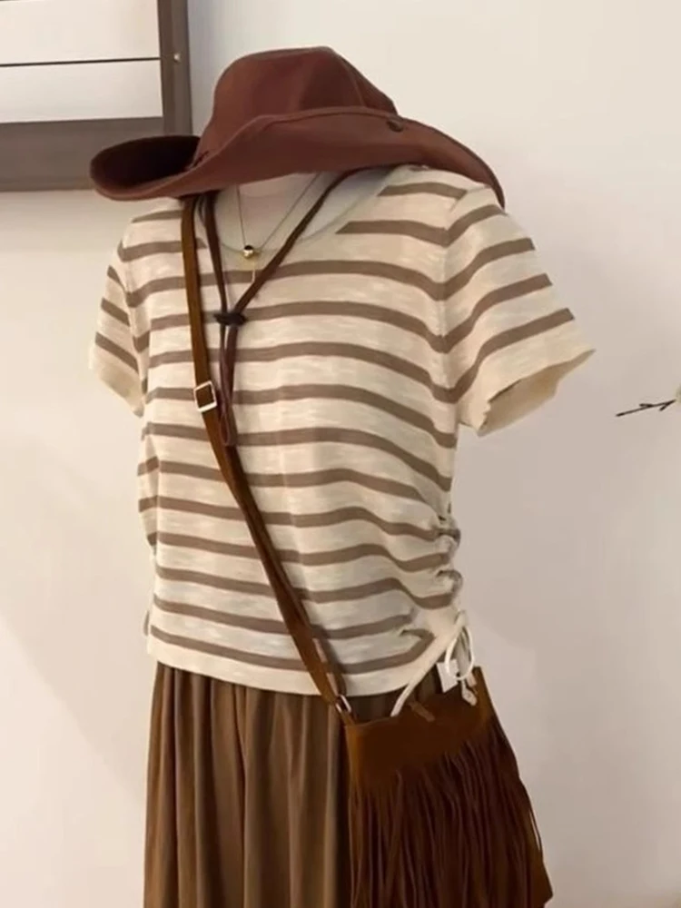 Ele Unique Slimming ort Sve Round Ne Gestreiftes Top Dünnes Design Damen T-Shirt Bequem Lässig Koreanisch Sle