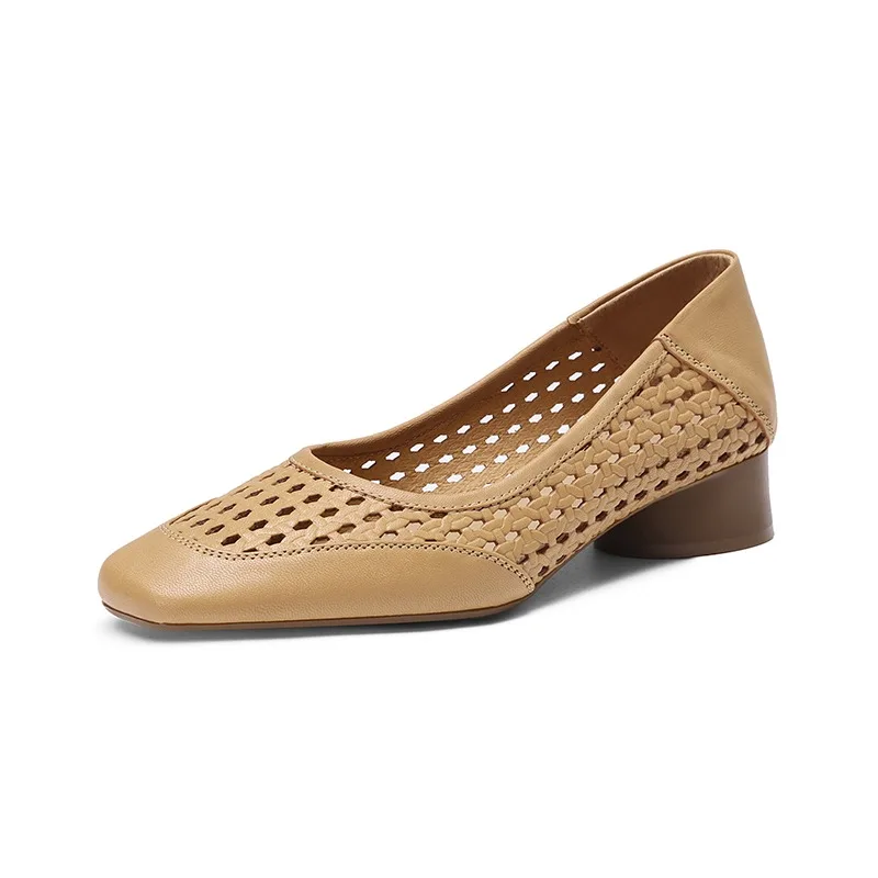Design Temperament Hollow High Heel Shoes Women's Summer Leather Square Head Shallow Mouth Shoes Women Zapatos Mujer