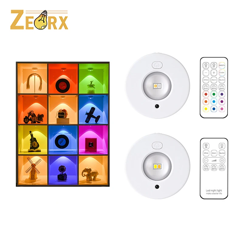

LED Rechargeable Puck Lights with Remote Control, RGB Under Cabinet Lighting Magnetic Recessed for Kitchen Closet Bar Shelf