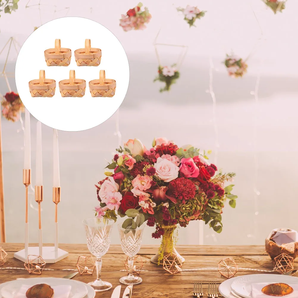 

5pcs Mini Wooden Baskets Handwoven Bamboo Packaging Elegant Retro Style Small Size Candy Toy Decorative Wedding Favors