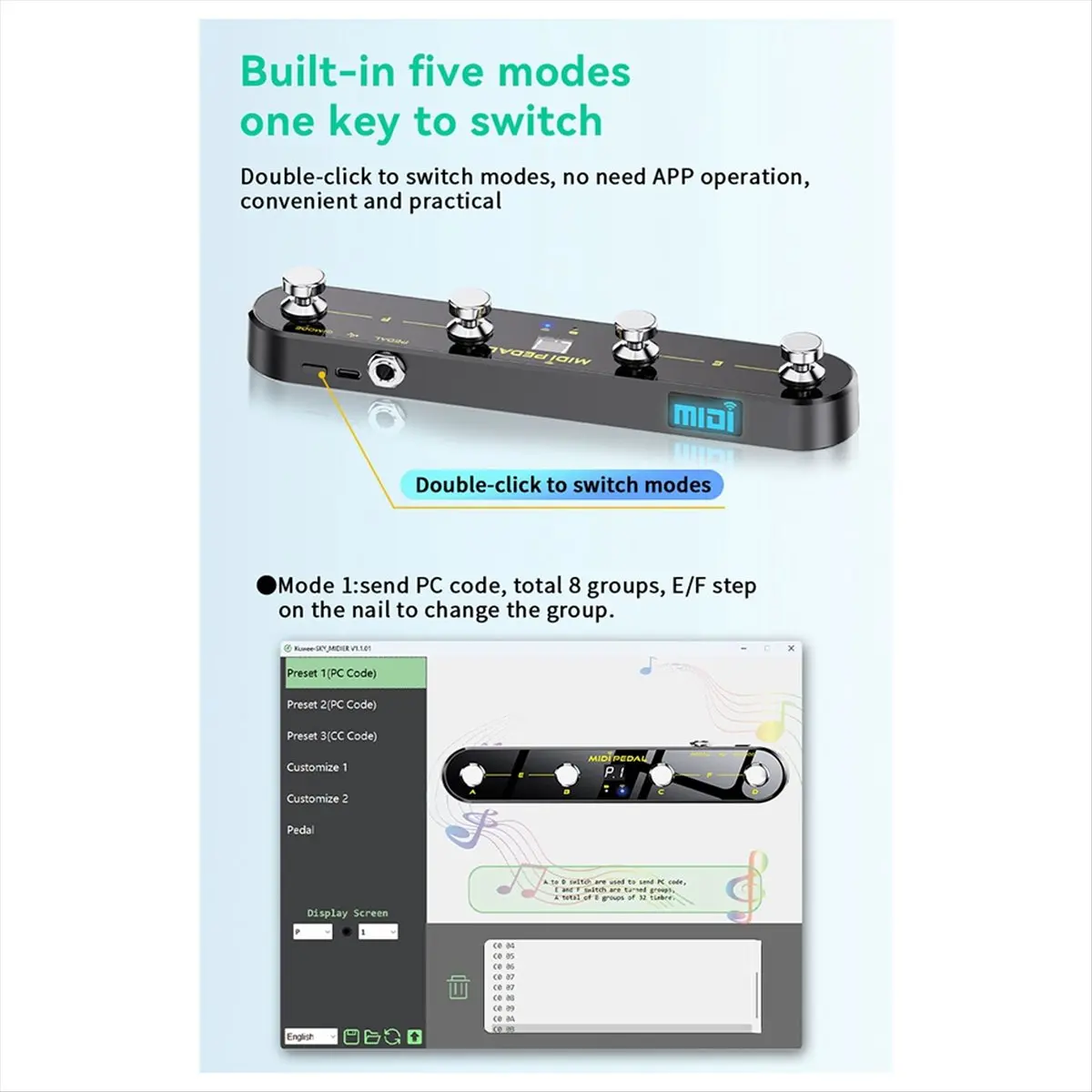 

Wireless MIDI Adapter Audio Transmitter Receiver 2.4GHz Ultra-Low Latency Built-in Silent MIDI Foot Controller [AA74-AAA]