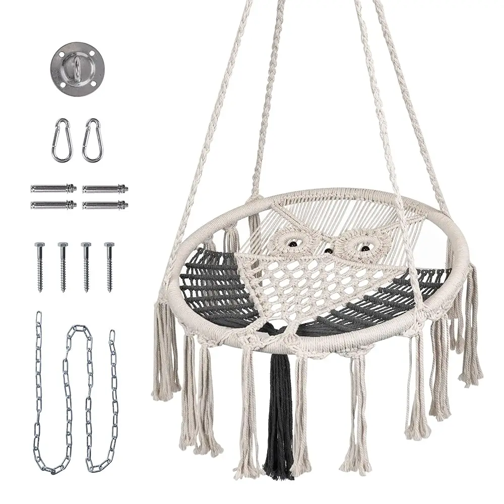 

Hammo Chair, Owl Hanging Rame Swing With Hardware Kits, Handmade Knitted Mesh Rope Swing Chair For Indoor, Outdoor, Bedroom,