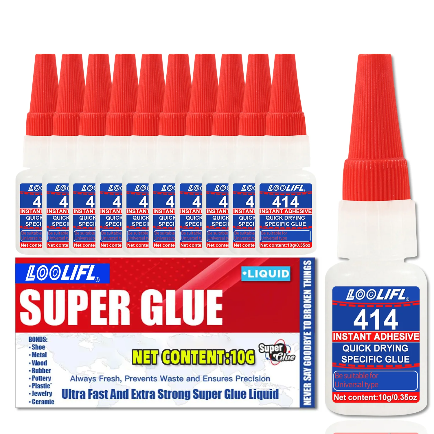 LOOLIFL Sekundenkleber 10g (1-10 Stück), Cyanacrylat-Kleber, Mehrzweckkleber für Hartplastik, Keramik, Metall, Holz, DIY-Bastelarbeiten