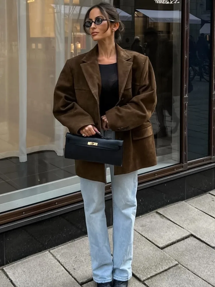 

Новая весенне-осенняя женская винтажная куртка в стиле High Street: базовый блейзер из искусственной кожи, повседневный замшевый жакет с отложным воротником и длинными рукавами