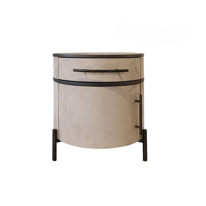 

Light Luxury Bedside Table Minimalist Modern Handle Storage Bedroom Bedside Cabinet Frosted Leather Round Cabinet