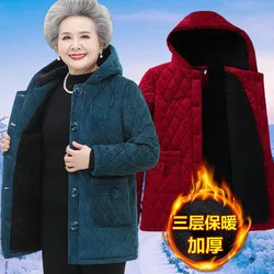 Middle-aged Elderly Women's Corduroy Cotton Padded Jacket 5XL Large Size Thicken Hooded Parkas Grandma Add Velvet Warm Overcoat