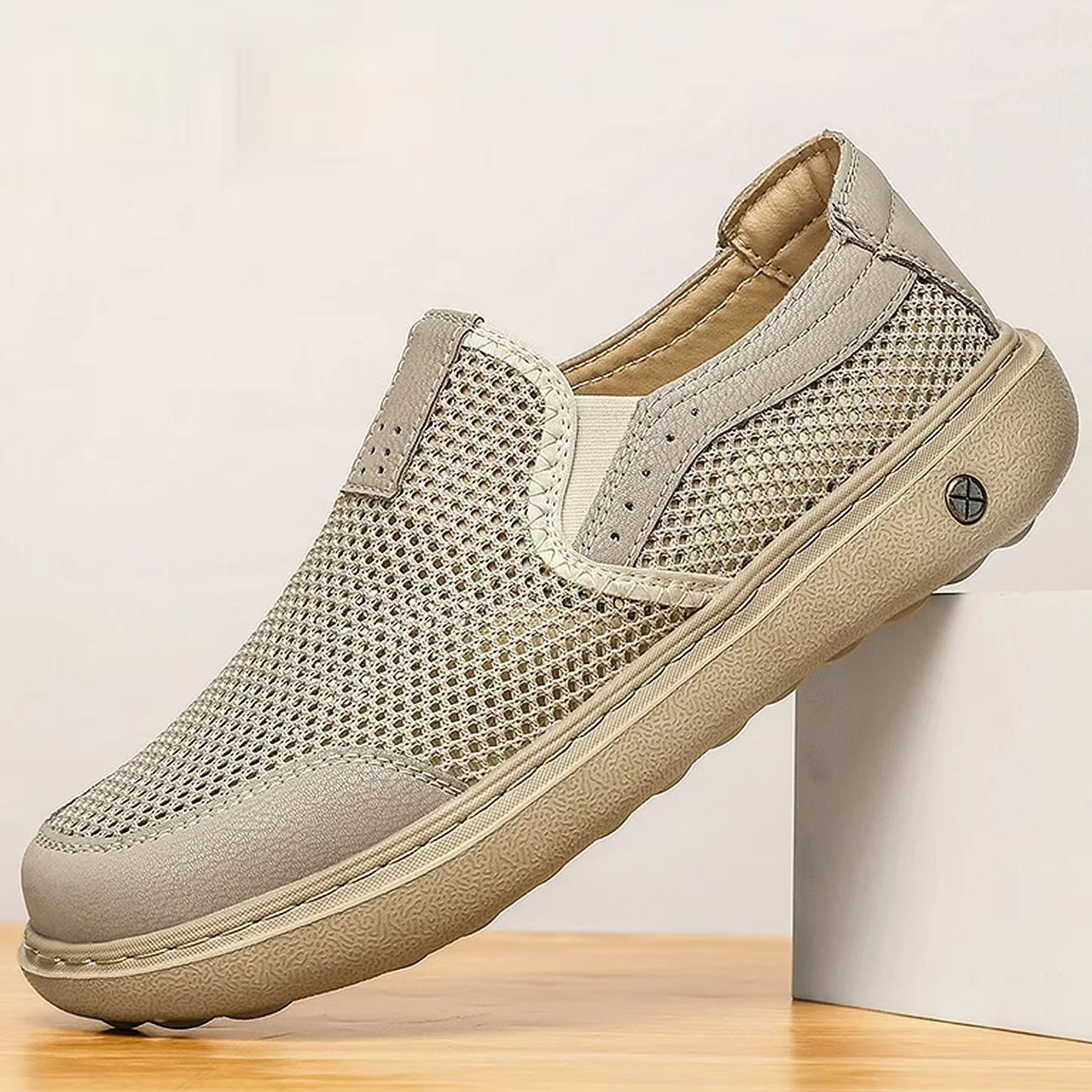 

Men Mesh Hollow Out Flat sole Casual Shoes Summer New Soft Sole Shallow Slip On Breathable Lightweight Sandals Elderly Shoes