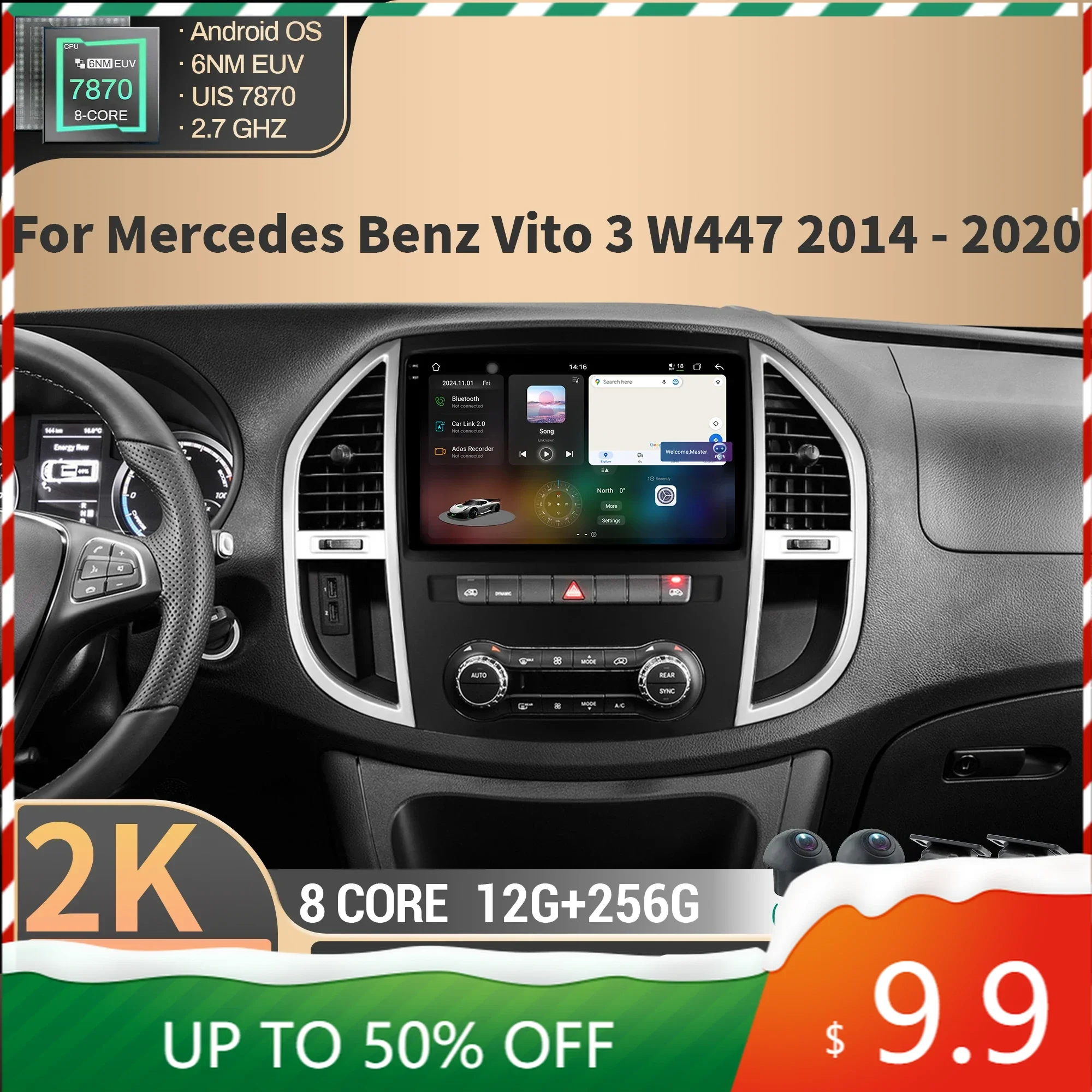 

For Mercedes Benz Vito 3 W447 2014 2015 2016-2020 Multimedia GPS Car Radio Wireless Carplay 4G CPU 7870 2K QLED Screen Stereo