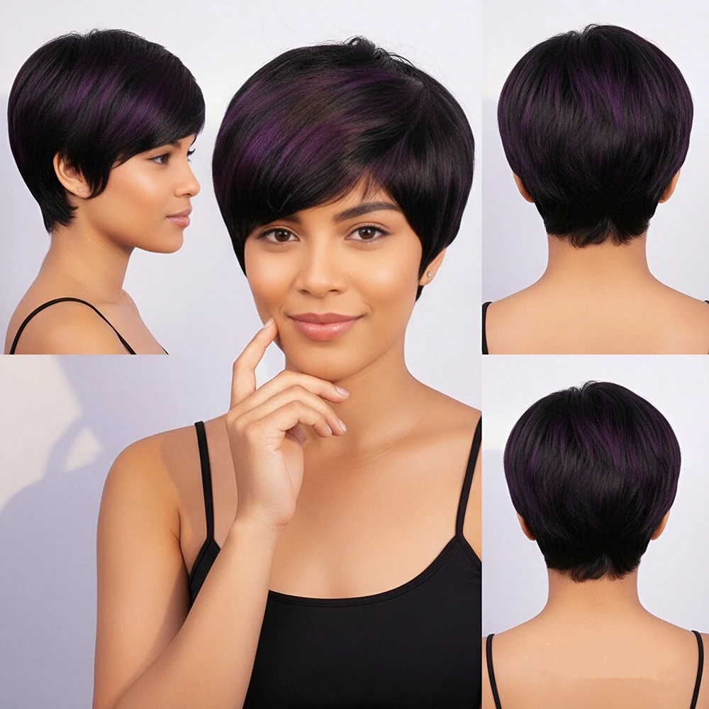 Parrucche per capelli umani corti lisci viola Parrucca taglio pixie con frangia a strati per le donne Berretto fatto a macchina per capelli bazili Evidenzia viola