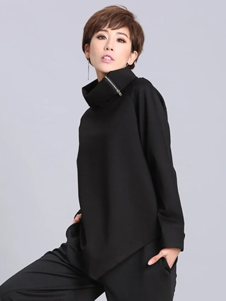 [EAM] Women Black Zipper Irregular Big Size Casual T-shirt New Turtleneck Long Sleeve Fashion Tide Spring Autumn 2024 OA882