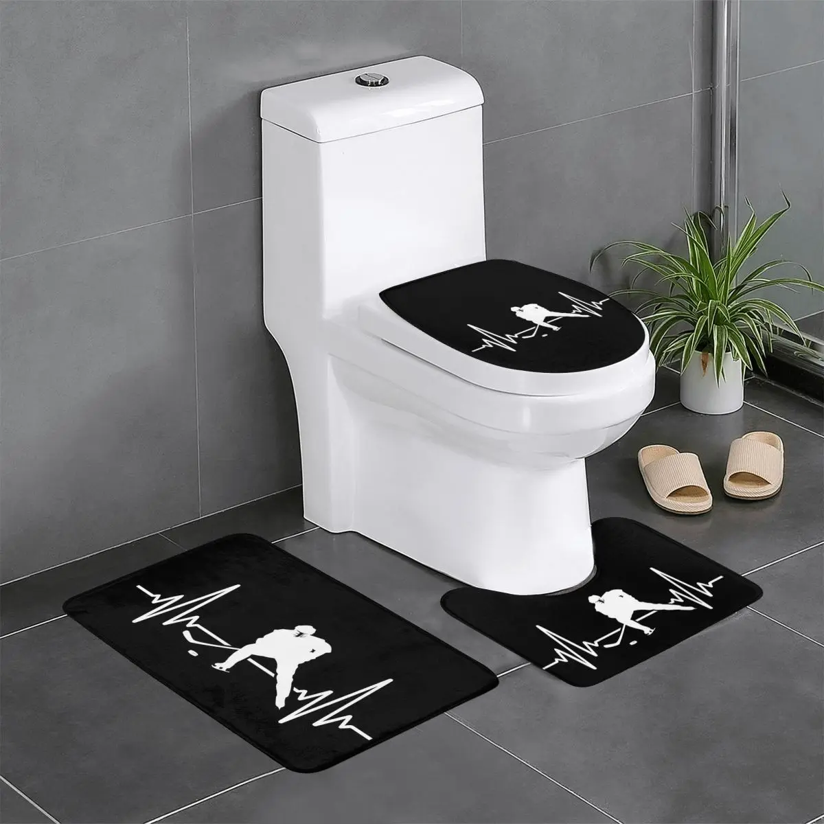 Ice Hockey Heartbeat, Hockey Heartbeat 3 Pcs Bath Mat Bathroom Set Toilet Lid Cover Home Decor Non-Slip Carpet Floor Rug