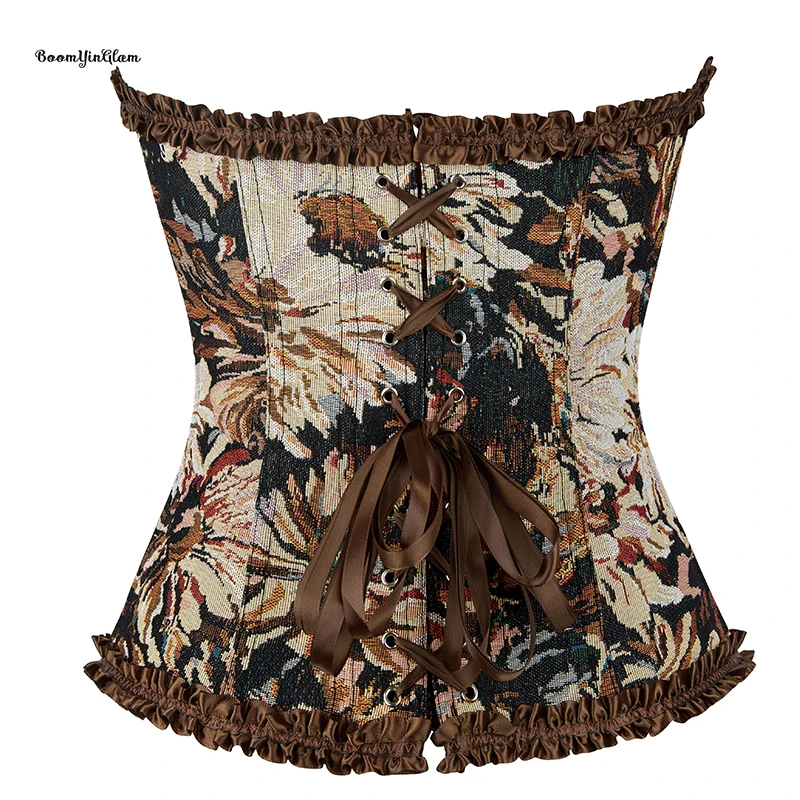 12 Fishbones Supported Oil Painting Brown Steampunk Clothing Woman's Pleated Boned Corset