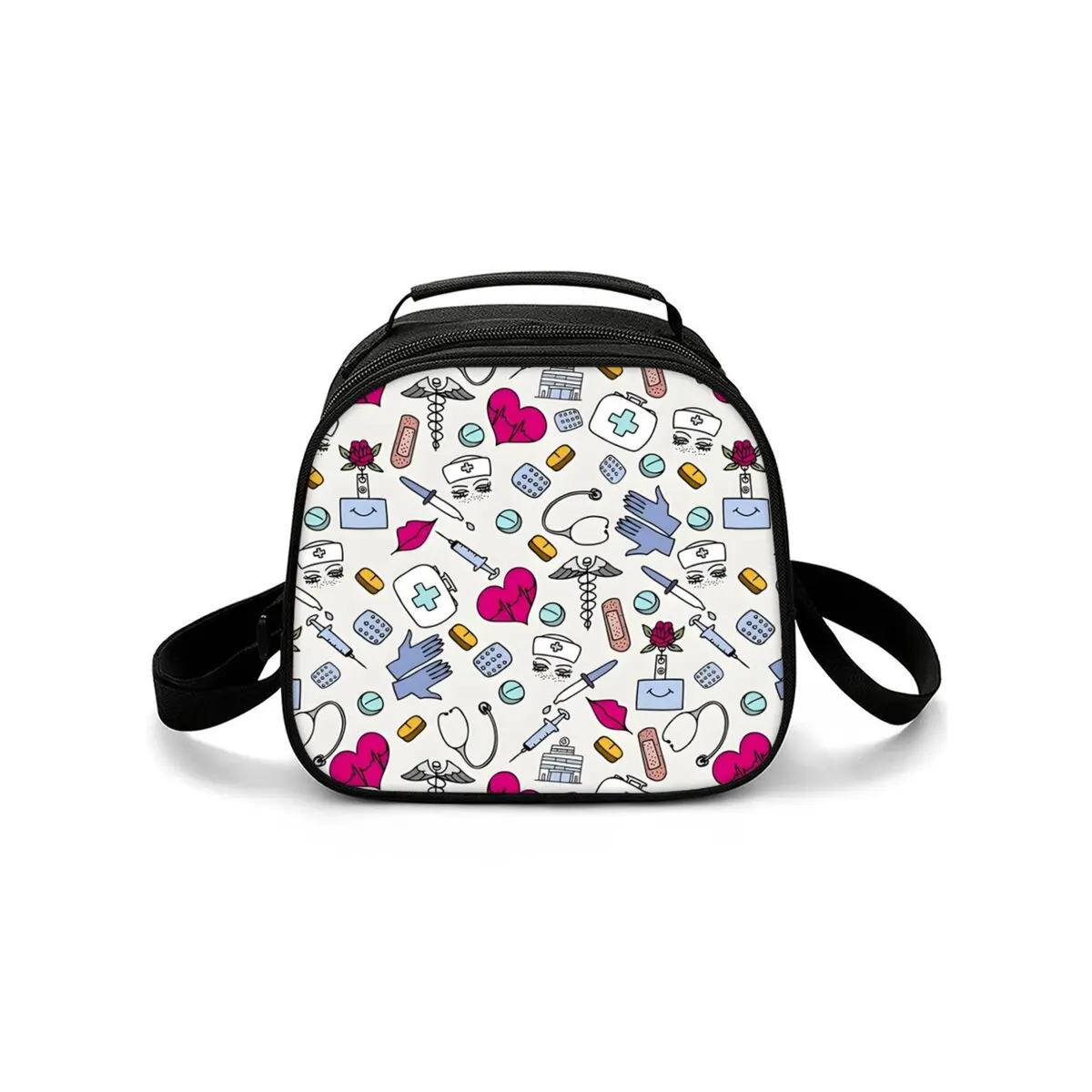 Medical Care Print Single-Sided Shoulder Strap Circular Lunch Bag/Handbag Zipper Portable Travel Food Box Picnic Pouch