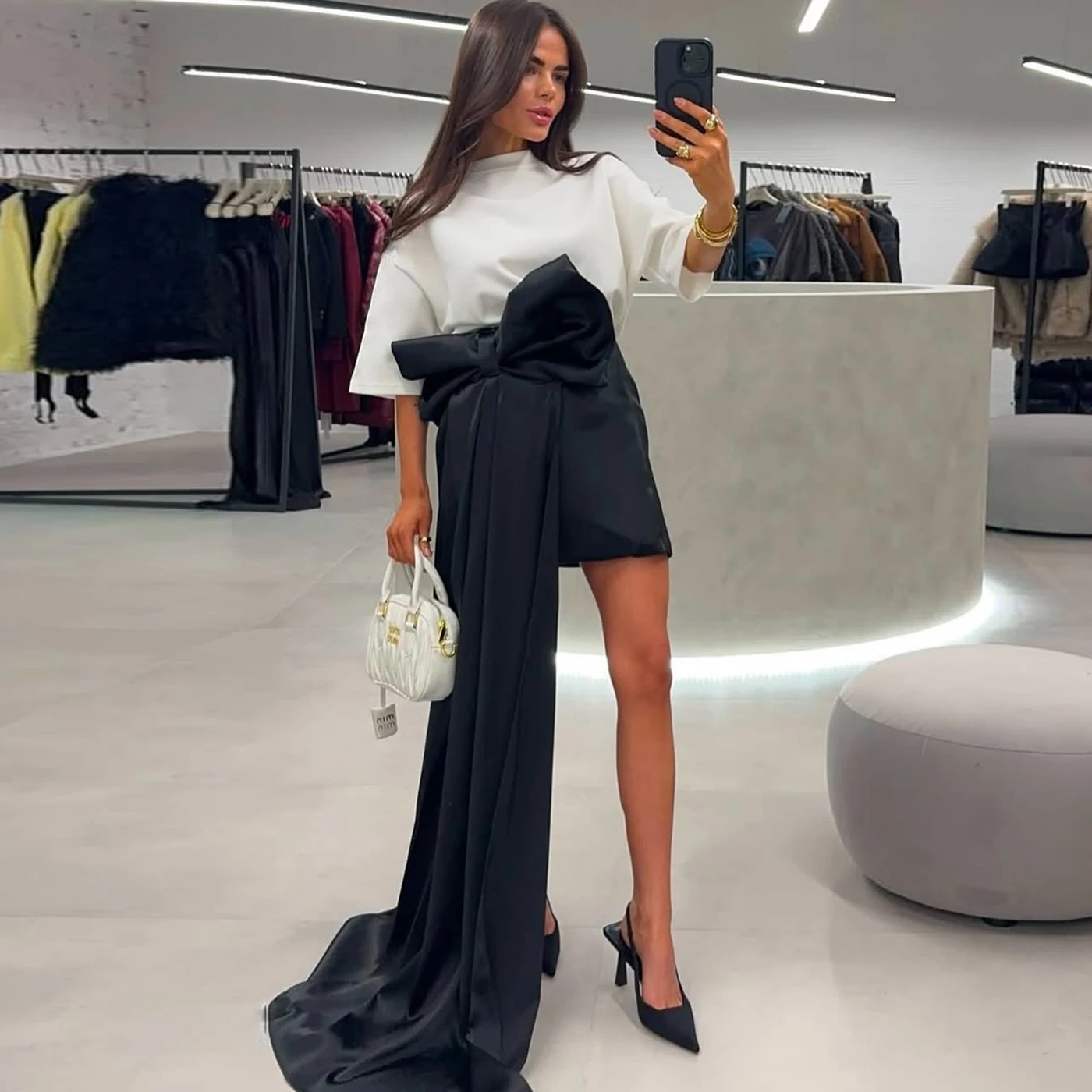 Black Big Bow Mini Skirt Women Pleated Taffeta Short Formal Party Skirts with Bow Train Chic Design Faldas Ropa de mujer Custom