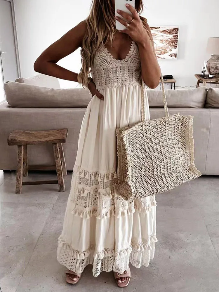 

Summer Elegant Women V Neck Lace Mesh Dress Female Patchwork Hollow Solid Slim White Dress Elastic Waist Casual Holiday Dresses