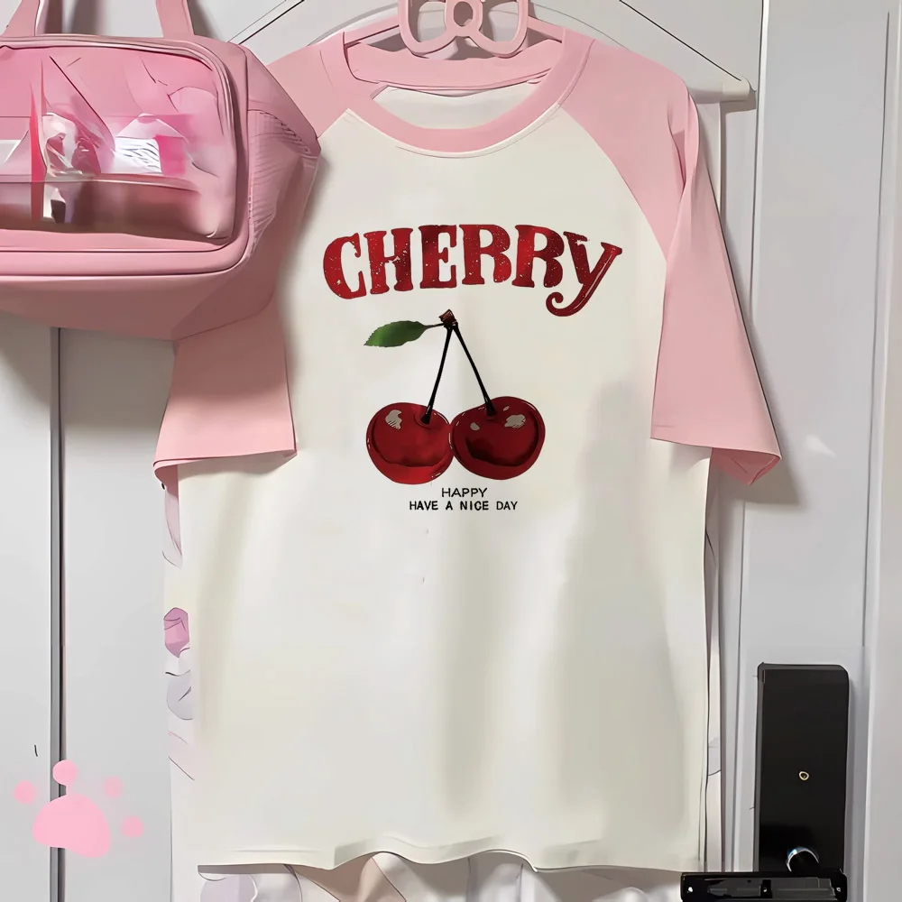 Cherry t shirt teen streetwear 80s University hip hop kawaii anime tshirt women hip hop 2000s aesthetic harajuku kawaii
