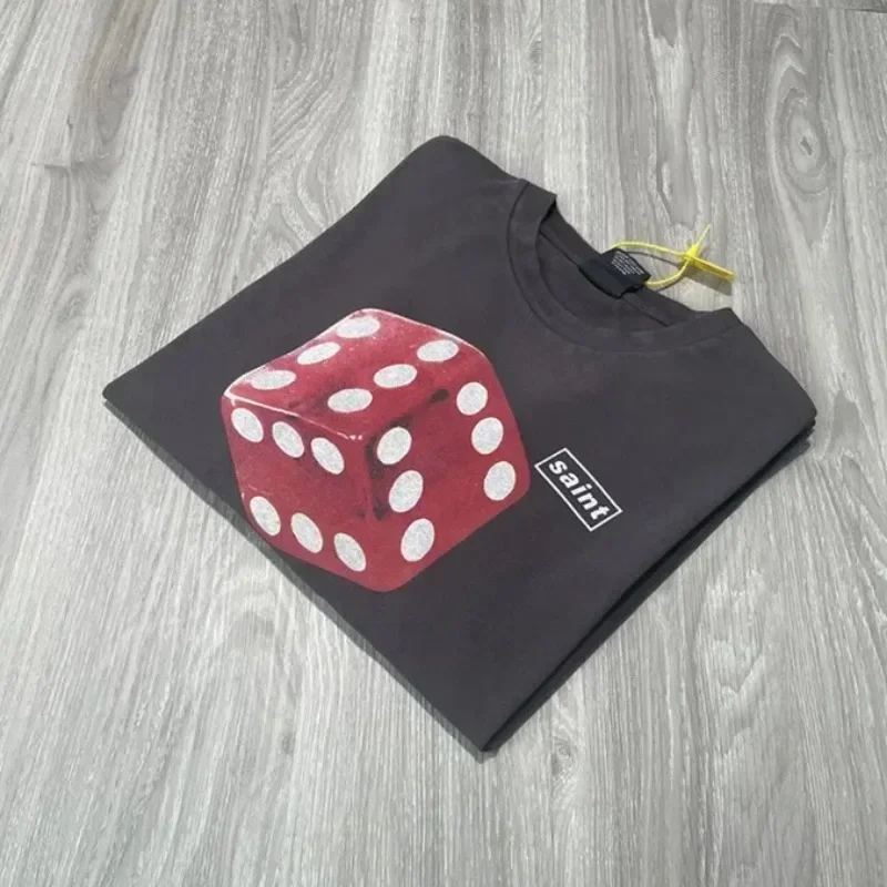 

25ss Washed Black Saint Michael Long Sleeved T Shirt Men Women 1:1 Top Quality Dice Print Oversized Sweatshirt