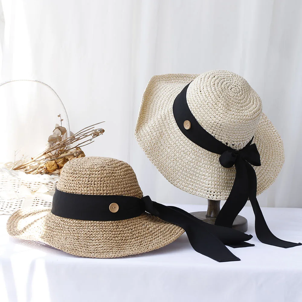 Grace Ribbon bow hat New fashion Style  Bucket Hats Foldable Sun Crochet Hat For Beach, Travel And Vacation handmade straw hat