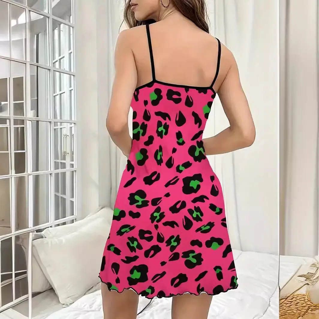 Summer Leopard Print Nightgown Sexy Lettuce Trim Round Neck Backless Slip Dress Women\'s Sleepwear