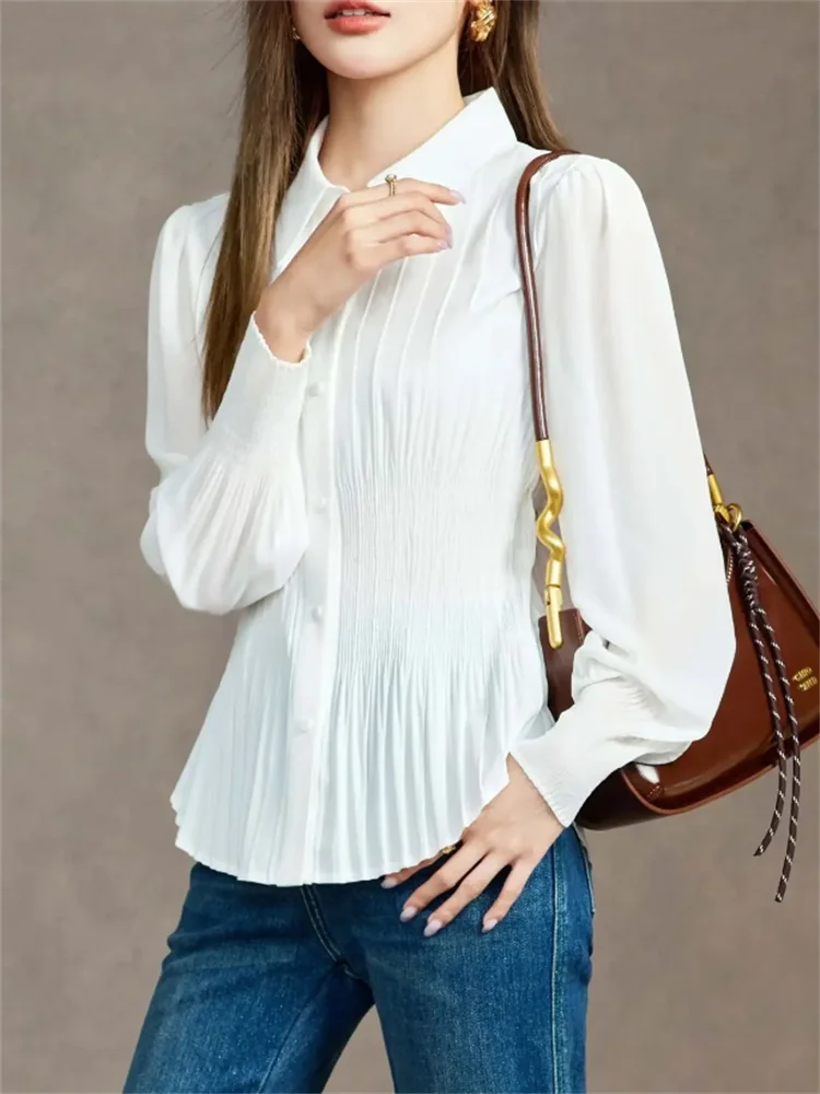 Ladies White Shirt Waist Cinching Top Vertical Pleated Blouse Long-sleeved Chiffon Shirts POLO Button Up Shirt Female Blous