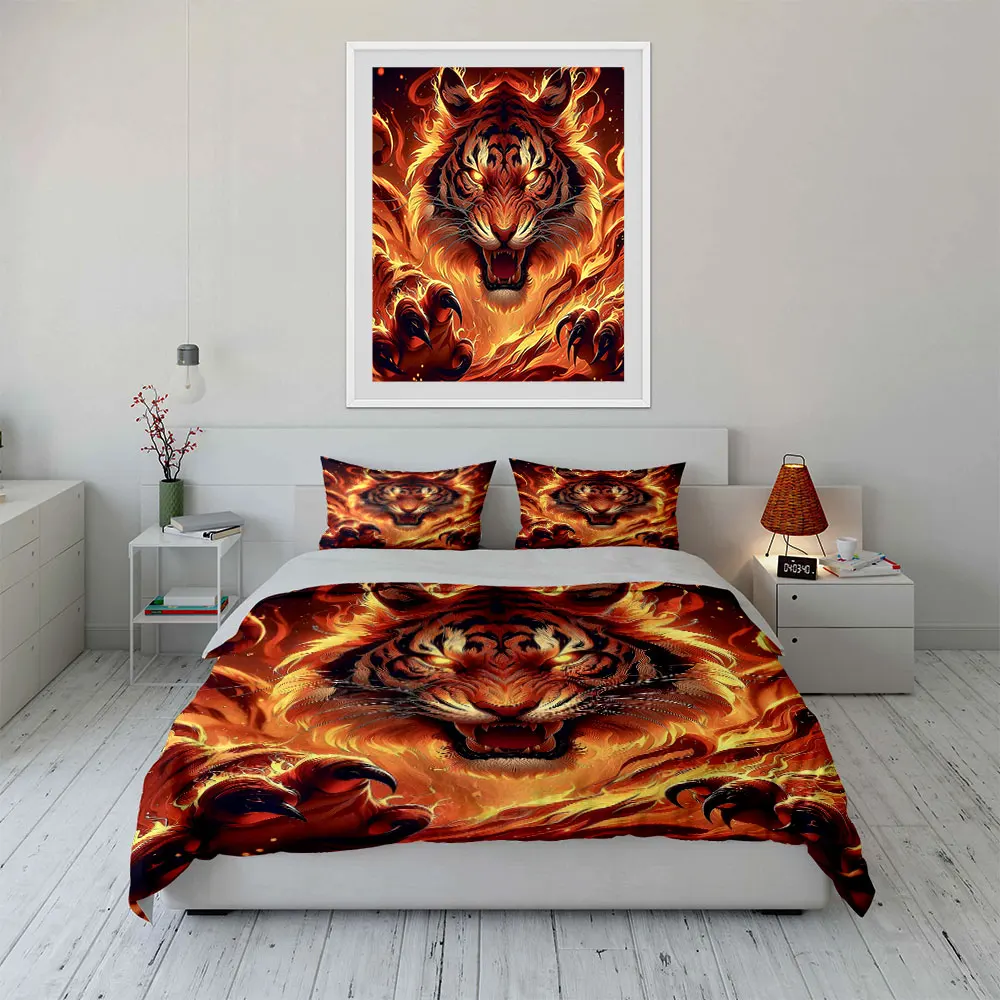 Flaming tiger roaring fiercely Print Soft Comfortable Duvet Cover Bedding Set Included 1*Duvet Cover  2*Pillowcases