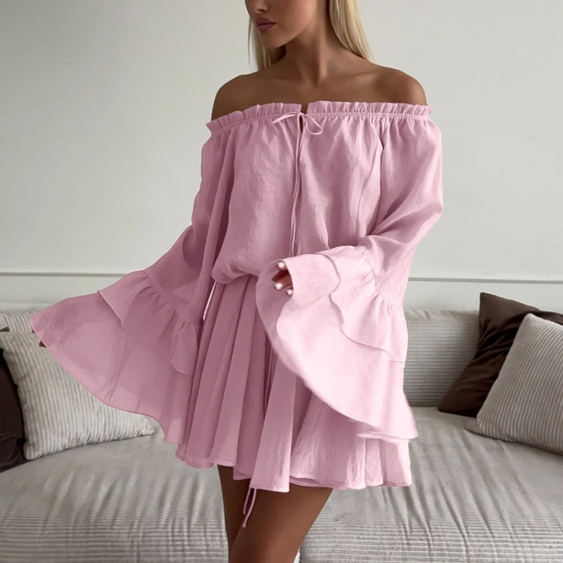 

2025 Autumn Loose Off-Shoulder Flared Sleeve Waist-Cinched Dress with a Design Sense, Suitable for Casual and Business Wear