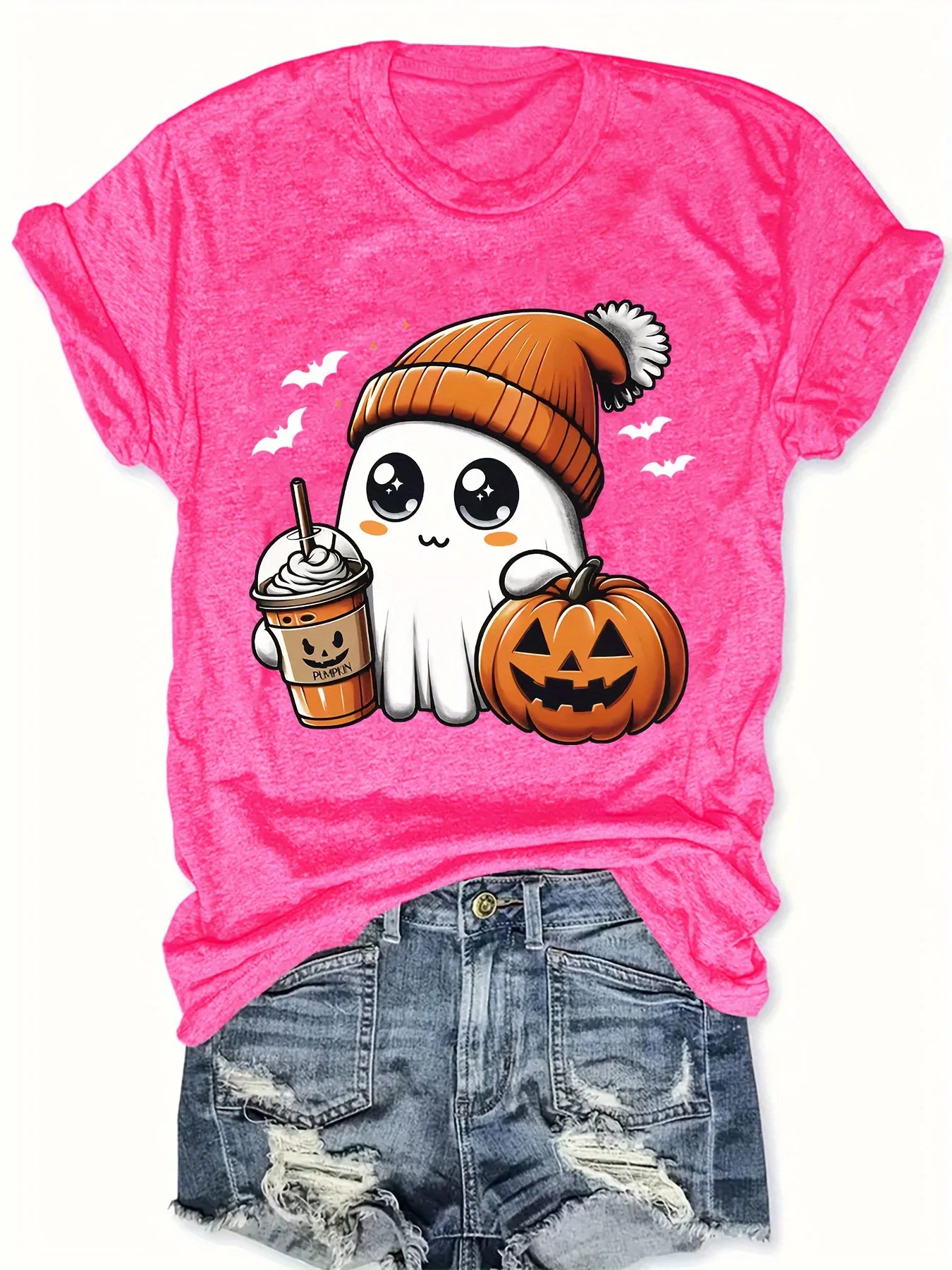 Halloween Kawaii Cartoon Ghost Print Women\'s T-shirt Plus Size Short Sleeve Shirt Blouse Crop Top Women\'s Clothing Fashion