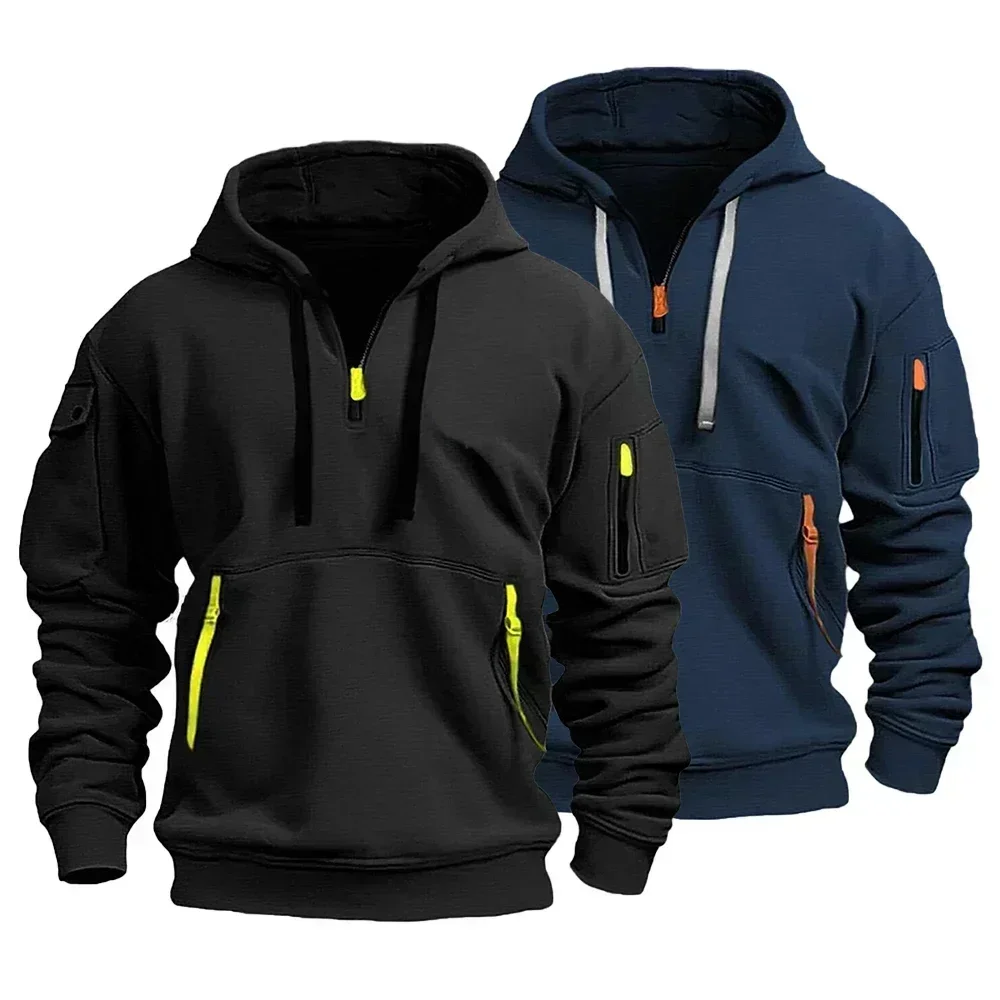 Men's Tactical Hoodie Half Zip Warm Fleece Military Sweatshirt with Multi Pockets Thick Outdoor Polar Hooded Jacket Solid Color
