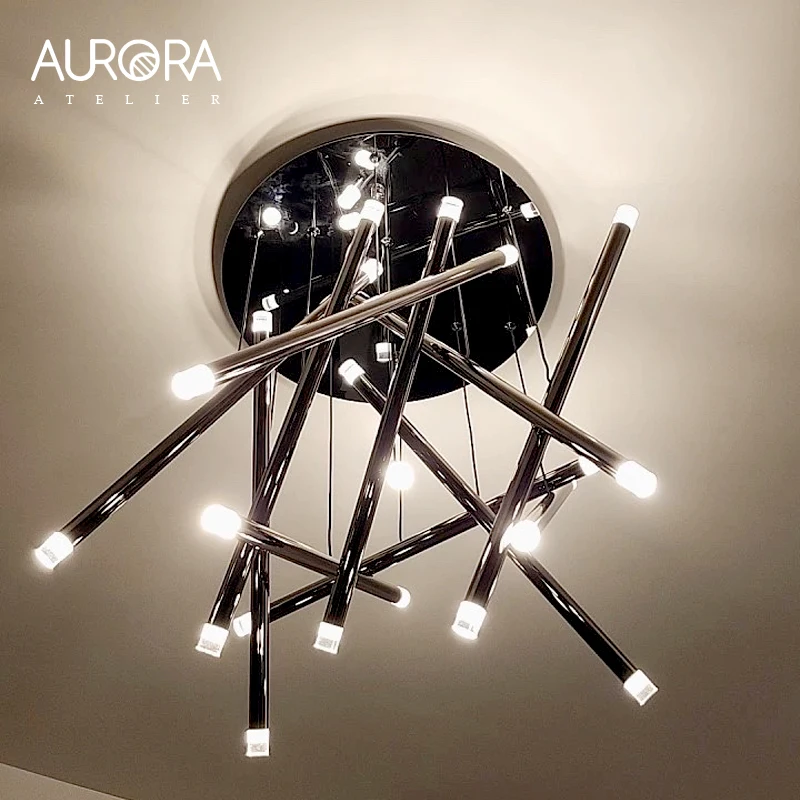 

Modern Led Chandelier For Staircase Living Room Creative Tube Design Lamp Gold Chrome Black Luxury Home Decor Kitchen Lighting