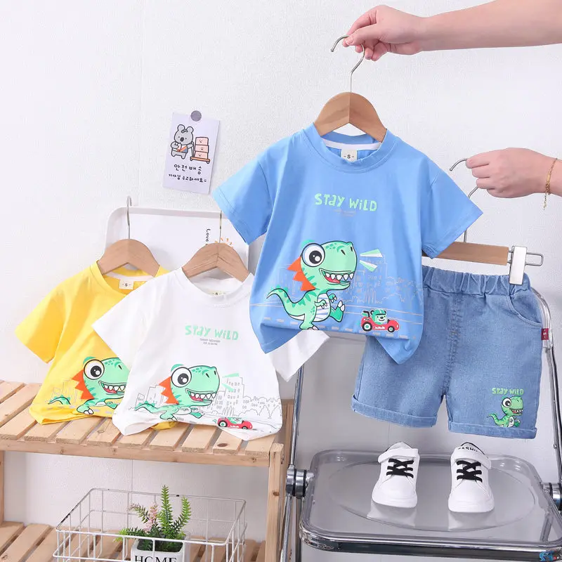 New Kids Cartoon Car Outfit Dinosaur T-shirt Shorts 2Pcs/Set New Fashion Baby Boys Girl Clothing Children Tracksuits 0-5 Years