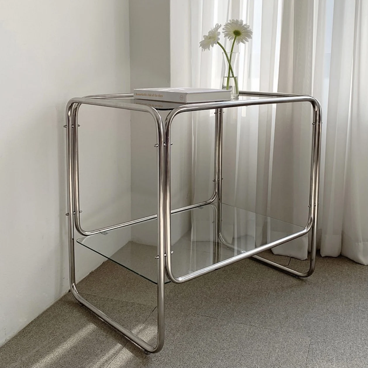 Medieval style stainless steel coffee table tempered glass computer table minimalist shelf bedside table