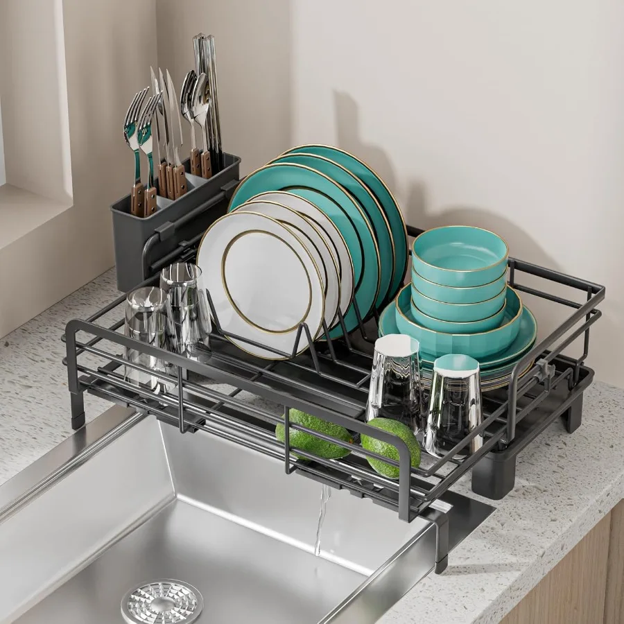 

Small Dish Drying Rack Extendable Dish Rack for Kitchen Counter Rustproof Dish Drainers with Utensil Holder Perfect for Apartme