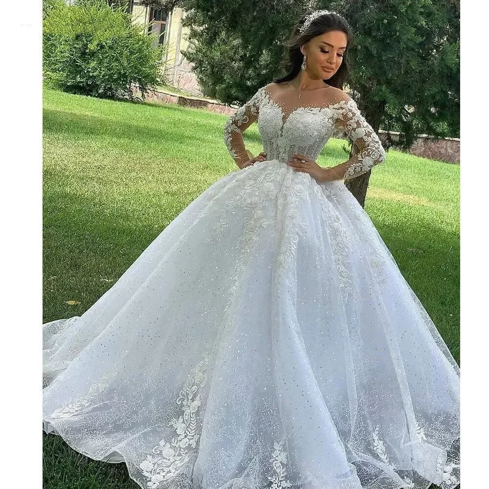 Customized Princess Ball Gown Lace Wedding Dresses Long Sleeves Robe De Mariee Appliques Beaded Bride Gowns Vestido de Noiva