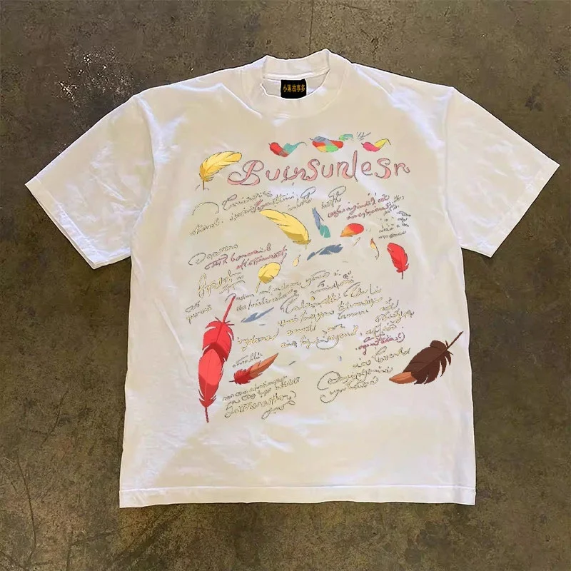 Loose Fit Cotton T-Shirt Short Sleeve Double Thread 3A260g American Retro Style Unisex Breathable Summer Fashion round Neck