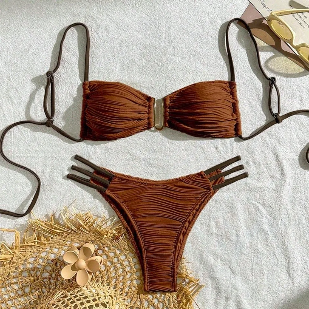 2pcs Cute Summer Women's Swimwear Sexy Crinkled Bikini Set Hollowed-out Swimwear Bathing Suit Beach Vacation