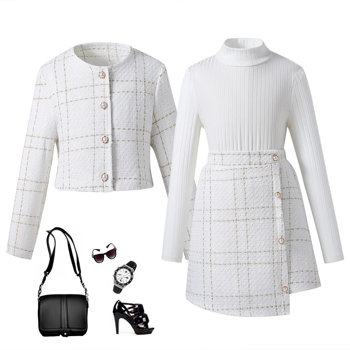 

Kid Girl Spring Skirt Outfit Fashion Long Sleeve Button Front Jacket With A-Line Skirt Ribbed Tops Set