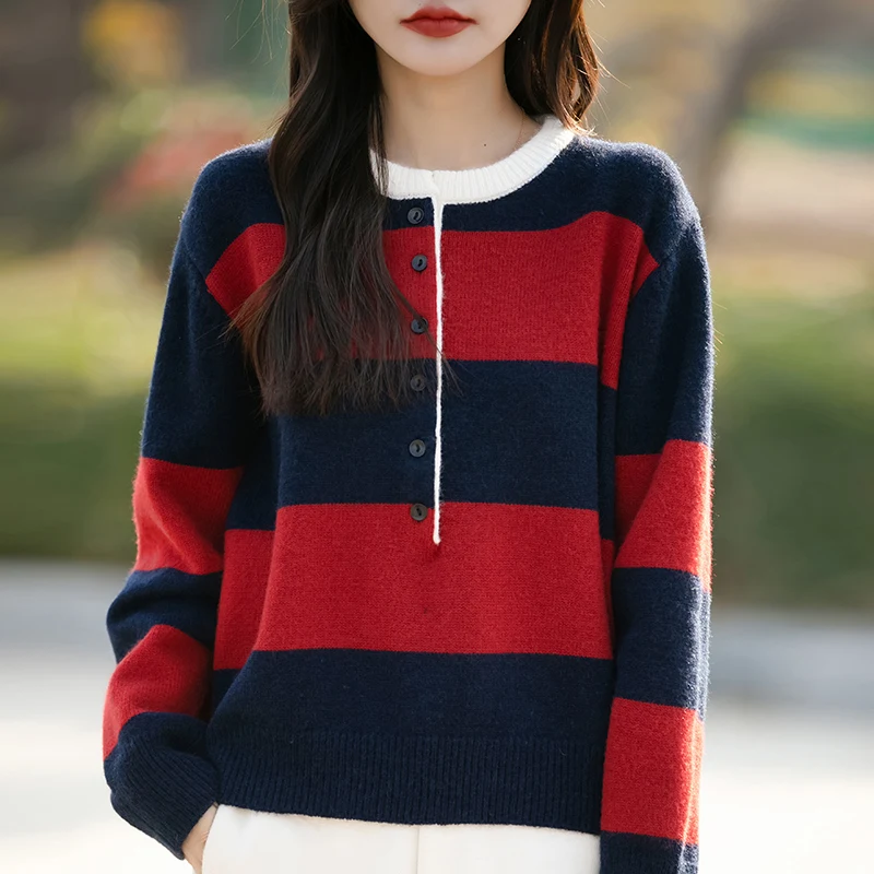 

Spring Knit O-neck Cardigan Sweater Women Long Sleeve Tops Button Female Autumn Striped Fashion Basics Sweater Pullover Jumper
