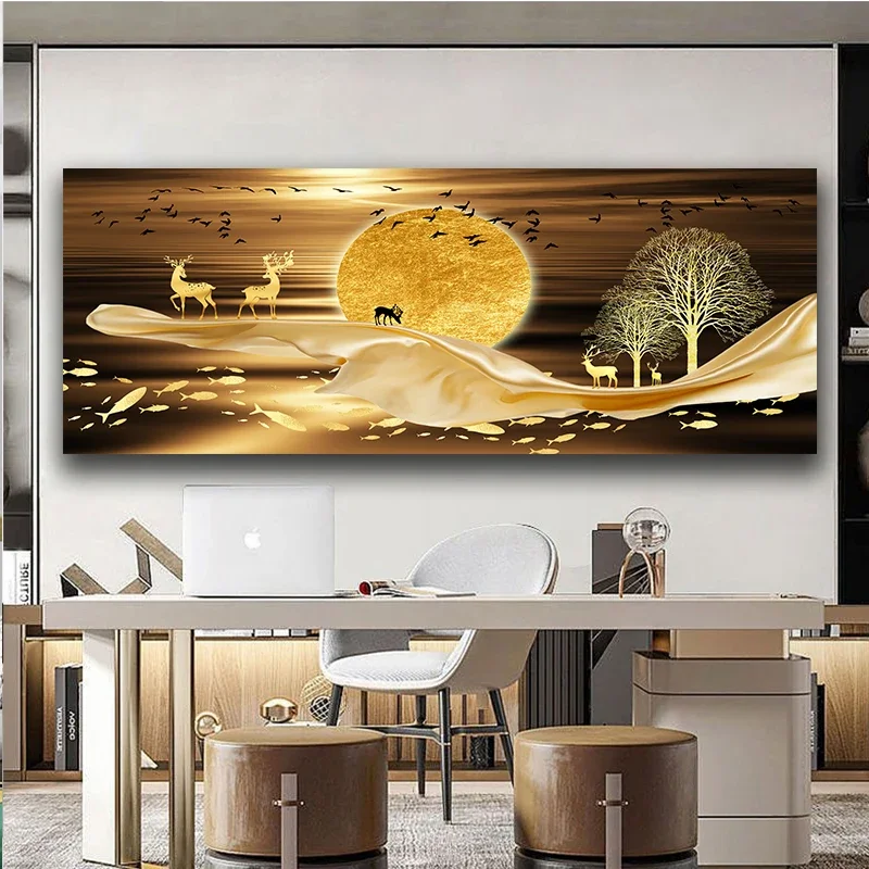 Abstract Sunset, Golden Deer Tree Landscape, Luxury Art Painting, High Definition Spray Painting, Wall Decoration, Art Core