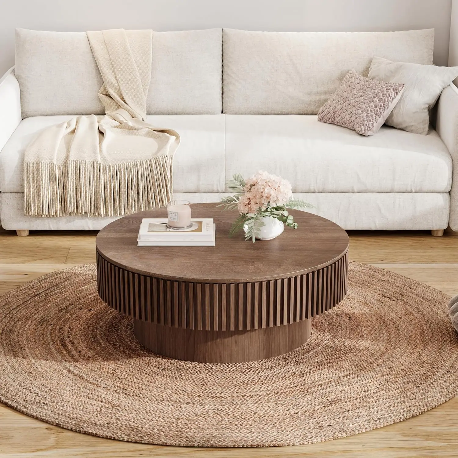 31.5'' Round Coffee Table With Storage, Modern Luxury Circle Drum Center Tables With Solid Wood Veneered,Accent Side Coffee