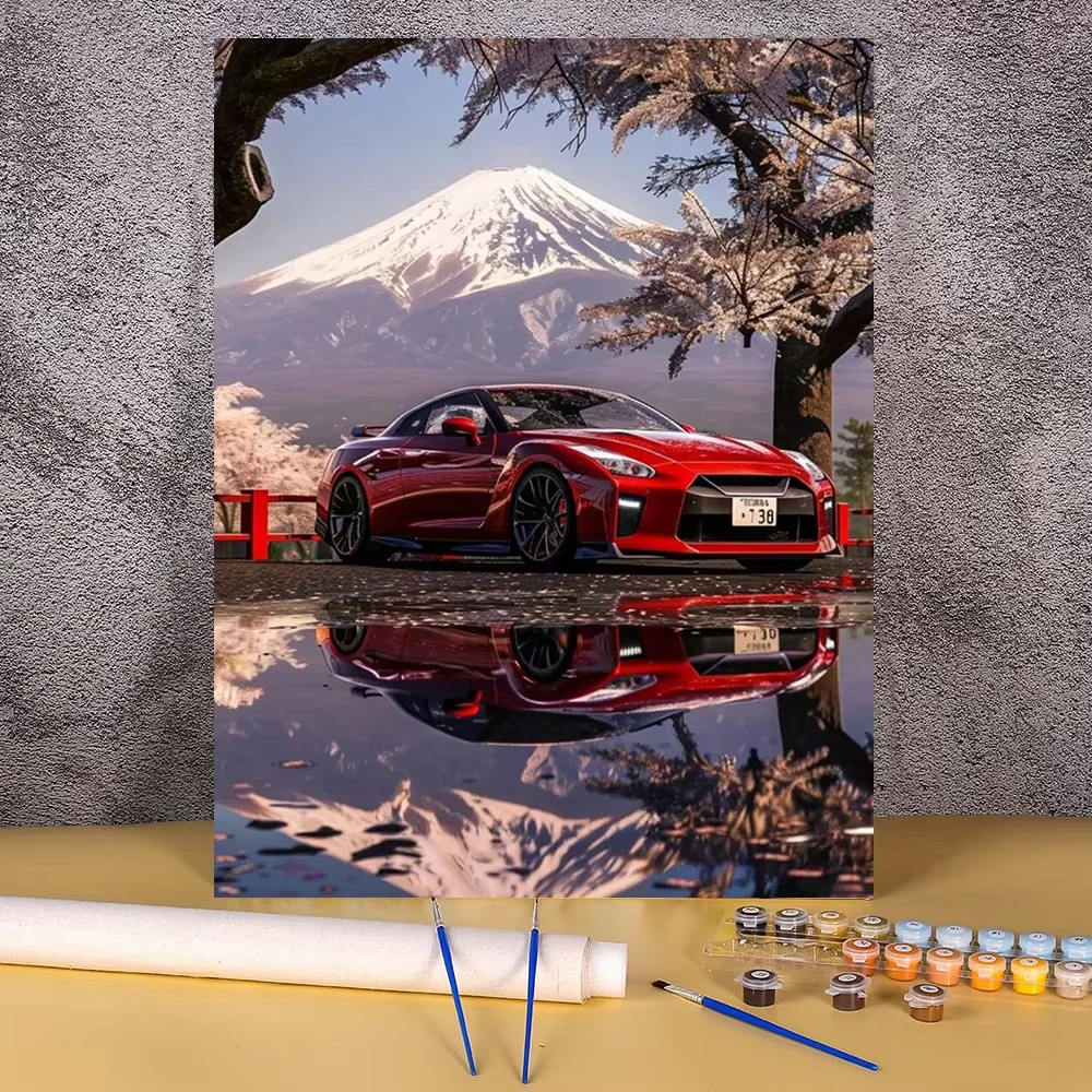 Acrylfarbe nach Zahlen, rotes Sportwagen-Malerei nach Zahlen auf Leinwand, Malen nach Zahlen für Erwachsene, malen Sie digitale Kunst