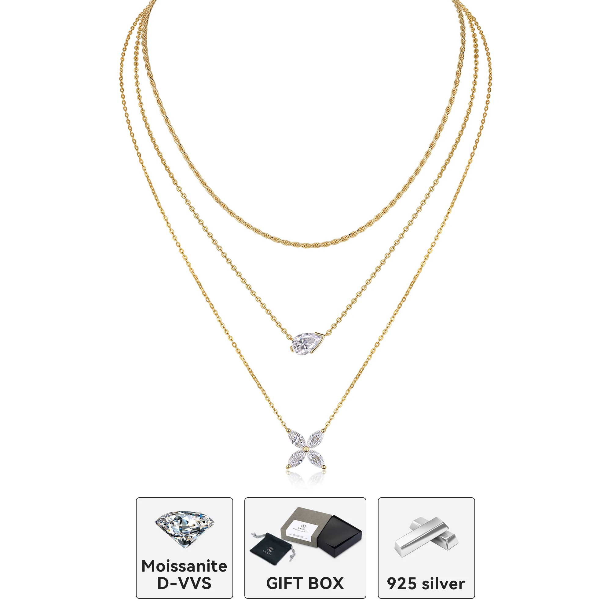 

Kfvanfi Moissanite s925 sterling silver stacking necklace for women plated with 18K gold luxury high clavicle chain fine jewelry