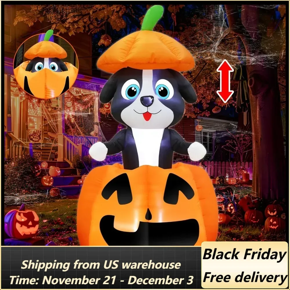 5 FT Halloween Inflatables Animated Dog On Pumpkin Outdoor Decorations Blow Up Yard with Built-in LEDs, Halloween Blow Up Outdoo