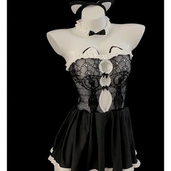 Erotic Cat Girl Lingerie Maid Costumes Women Sexy Tube Top Net Hollow Back Split Sweet Bow Hollow Nightgowns Anime Cosplay Dress